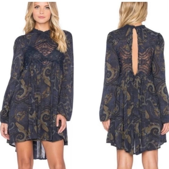 Free People Sweet Thing Baby Swing Dress Tunic Navy Paisley Size Small - Picture 1 of 9